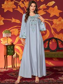 Women's Round Neck Embroidered Elegant Bubble Pearl Everyday Arabian Dress - Sky Blue - View 4