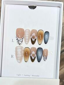 10 piezas/paquete, uñas largas y delgadas con punta estilo europeo y americano, uñas postizas con diseño de talla floral tropical 3D, patrón hexagonal degradado pintado a mano, uñas elegantes y lujosas hechas a mano, adecuadas para mujeres y niñas, estilo Y2K y Insta, arte de uñas elegante y lujoso, adecuado para mujeres y niñas, suministros de uñas