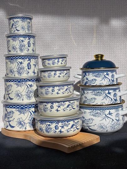 1 conjunto de tigela/balde/pote esmaltado, conjunto de tigelas para manter os alimentos frescos com recipientes lacrados, opções de 10/12/14/16/18 cm. Conjunto de panelas com borda dourada e tampas, 16/18/20 cm. Ideal para armazenar frutas e vegetais, tampas circulares articuladas sem BPA, itens maravilhosos com alto apelo estético para presente, adequados para cozinha, sala de estar, pátio e mesa de jantar.