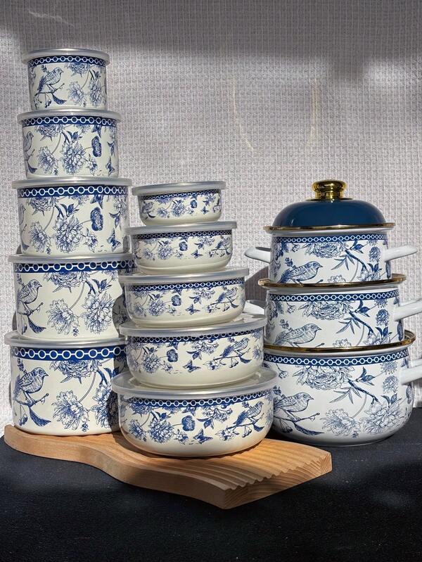 1 Set de Tazón/Cubo/Olla esmaltada, Set de tazones herméticos, Opciones de 10/12/14/16/18cm. Set de ollas con borde dorado con tapas, 16/18/20cm. Ideal para almacenamiento de frutas y verduras, Tapas circulares con tapa abatible sin BPA, Artículos maravillosos con gran atractivo estético como regalo, Adecuado para la cocina, la sala de estar, el patio y la mesa del comedor.