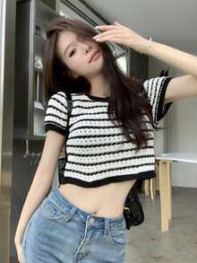 女式撞色条纹圆领插肩针织打底 T 恤，全新夏季百搭上衣 - 黑與白 - 查看 3