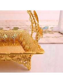 优雅金属水果零食篮，多功能复古风格托盘，带把手，耐用长方形餐盘，适用于厨房、客厅和酒店装饰，也可用作节日派对娱乐装饰的咖啡托盘。 - 彩色 - 查看 4