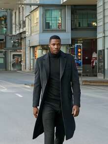 男士时尚羊毛大衣，休闲男士夹克，复古纯色长袖大衣，翻领长款大衣，男士外套，秋冬大衣 - 黑色 - 查看 4