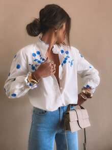 Perceive Floral Print Frill Collar Long Sleeve Women Shirt, Business Casual Wear For Autumn/Winter - White - View 4