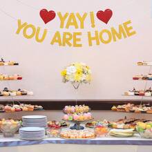 一套“耶，你回家了！”闪光三角旗横幅，趣味欢迎回家派对装饰，男女通用，返校季，军人返乡，家庭团聚派对悬挂旗帜 - 彩色 - 查看 8