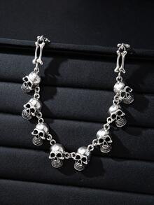1pc Gothic Style Exaggerated Multiple Skull Connected Choker Necklace, Unique Skull Chain Necklace, Halloween Gift Accessory, Charm & Quirky Personalized Necklace - Antique Silver - View 3