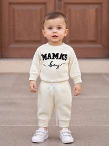 Newborn Baby Boys Outfit Waffle Knit Long Sleeve Mama's Boy Embroidery Sweatshirt Top Pants Set Infant Bodysuit Fall Winter Clothes - 卡其色 - 查看 3