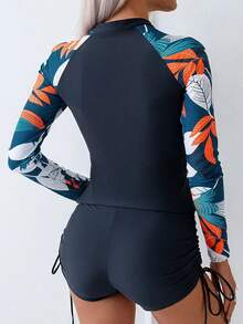 2 Piece Zipper Set, Botanical Print Outfit, Tropical Beach Swimwear - Blue - View 2