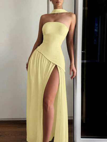 Vestido de cóctel de unicolor con cinta para mujer, minimalista y de moda, adecuado para el verano