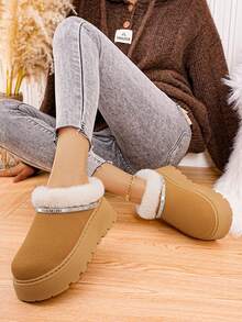 Damskie, jednokolorowe, ocieplane, grube, ciepłe buty śnieżne z kryształkami, modne, zimowe botki na platformie z miękką, pluszową podszewką, antypoślizgowe, wygodne, wsuwane buty z grubą podeszwą