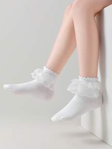 1/3 Pairs Girls White Lace Trim, Cute Ruffle Cuff Breathable Knit Crew Socks, Ins Style Princess Sailor Socks For Spring/Autumn, Suitable For Home, School, Dance, Party, Holiday Gift - Multicolor - View 6
