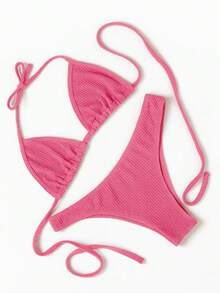 Ribbed Bikini Set, Triangle Top, Delta Wing Panties, Women's Summer, Without Pads, Beach - Đỏ - Xem 7