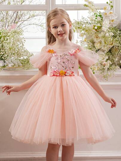 Young Girl Flower Sequin Mesh Tulle Princess Dress, Suitable For Birthdays, Parties, Weddings, Flower Girl Or Bridesmaid Dress, Holiday Celebration