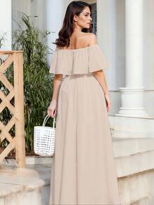 Vestido Largo de Escote Recto y de Hombros Descubiertos con Volantes, y Bajo con Abertura Lateral Elegante para Mujer - Beis - Ver 4