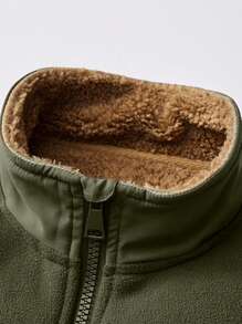 Men's Stand Up Collar Fleece Jacket, Portable Zipper Pocket And Elastic Cuffs Design, Thick Fleece Warm Jacket, Comfortable And Simple To Wear. - Army Green - View 3