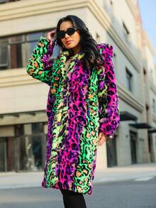 FHILLINUO Women's Colorful Leopard Print Faux Fur Hooded Knee-Length Jacket With Pockets, Long Sleeve, Regular Fit, Non-Stretch - 彩色 - 查看 7