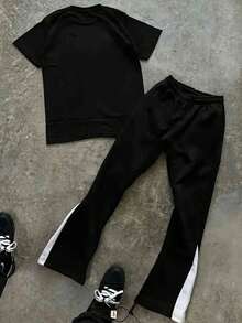 VMPVMP 2pcs Y2K "FOCUS ON THE GOOD THINGS" Printed Unisex Street Style Loose Short Sleeved Pants Set - Featuring Star Style, Casual Sportswear, Multifunctional Summer Wear, Sportswear | Bold Pattern T-Shirt | Casual Sportswear - 黑色 - 查看 3