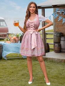 Strój karnawałowy na Halloween, satynowa sukienka z nadrukiem do kolan, krótki top z koronką, wiązanie w talii, haftowany fartuch z koronką, odpowiedni na Oktoberfest, kostium pokojówki COS i inne