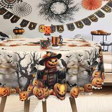 1 pieza Mantel con tema de Halloween, estampado desgastado de calabaza espeluznante, espantapájaros, murciélago, cuervo, árbol marchito, decoración para fiesta de Halloween, fiesta de otoño, decoración del hogar para días festivos, apto para interior y exterior, redondo/rectangular/mantel - Multicolor - Ver 8