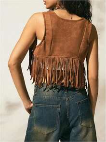 Women's Vest Cardigan, Vintage Solid Color Tassel Sleeveless Lace-Up Vest Cardigan, For Party Club Street Wear - nâu đỏ - Xem 6