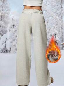 秋冬新款保暖内衬厚款休闲百搭高腰松紧腰宽松阔腿运动裤 - 灰色 - 查看 5