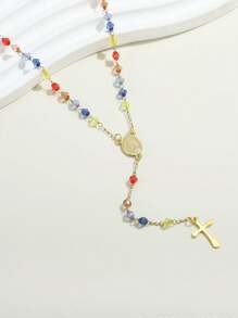 1pc Virgin Mary Rosary Beads Stainless Steel Cross Pendant Y Necklace For Women Religious Jewelry