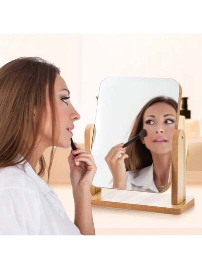 1PC Rotatable Vanity Makeup Spiegel Wooden St Polished Finish, Adjustable Bureau Bedroom, Bathroom, Skincare Makeup, No Battery Required view 11