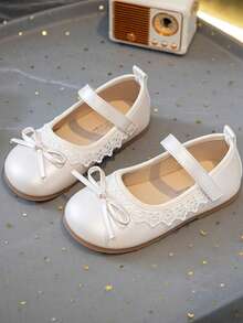 (Nuevo estilo de otoño) 1 par de zapatos de princesa dulce para niñas con decoración de lazo de encaje, suela antideslizante y punta redonda con hebilla, tacón plano, perfectos para niñas de las flores en bodas y fiestas de cumpleaños