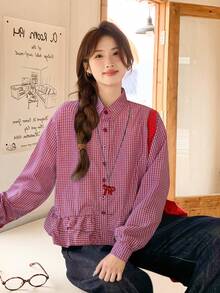 Women's Autumn/Winter Blue Plaid Hem Ruffle Patchwork Shirt, Casual Wear, Commuting, Long Sleeve Blouse, Cropped Top