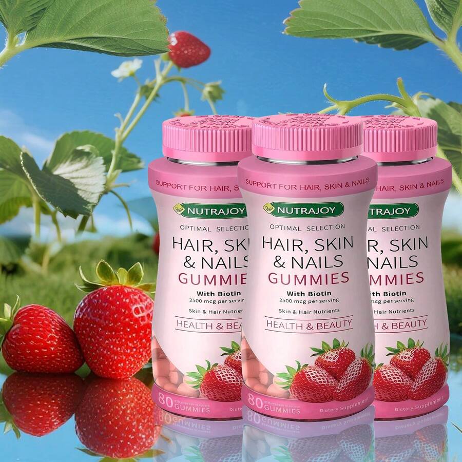 MONTUE 3pc Optimal Solutions Hair, Skin And Nails Pectin Gummies, 2500 Mcg Biotin Per Serving, No Stick Gummy, Vegetarian Formula, Strawberry Flavor,80 Count, 40 Total Servings - 3 chai - Xem 1