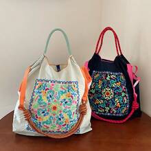 Bohemian Women's Shoulder Bag Embroidered Pattern Nylon Bag Large Capacity Cloth Bag Lightweight Foldable Storage Bag Commuter Bag Fashion Bag Travel Bag,Large-Capacity Handbags, Commuter Bags, Ladies' Bags