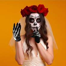 6pcs Halloween Skeleton Print Gloves, Non-Slip Funny Gloves For Personalized Role Play, Horror Skeleton Claw Gloves, Full Finger Short Gloves, Costume, Anime Cosplay Party Accessories, Black