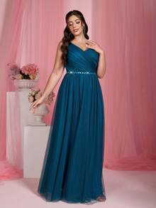 Mgiacy、新品、单肩、不对称、亮片、优雅、大码伴娘礼服、腰带、覆盖、网眼、A 字裙、适合、毕业、婚礼嘉宾、派对礼服、婚礼嘉宾礼服、晚礼服 - 水鴨藍 - 查看 4