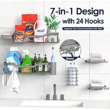 Shower Caddy Adhesive Shower Organizer 7-Pack, Rustproof Stainless Steel Bathroom Shelves, Large Capacity No-Drill Rack Storage Accessories With Soap Dish Toothbrush Holder &24 Hooks Home Decor - 灰色 - 查看 4
