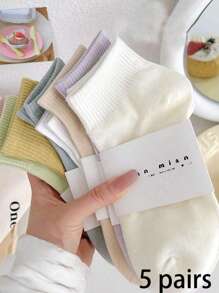 5 Pares de Meias Coloridas Sólidas Variadas, Meias Soquete, Cores Macaron, Meias Curtas Minimalistas, Meias Esportivas para Estudantes, Meias (Sem Cartão de Papel, Sem Etiqueta, Apenas Meias)