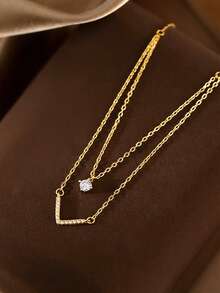 1 件闪亮双层 V 形吊坠项链，适合女士，时尚个性化奢华风格精致颈链，适合日常佩戴和节日礼物 - 金色 - 查看 2