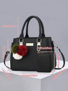 简约纯色双层大容量PU皮毛球装饰带钱包女士手提包，商务休闲女士单肩手提包，适合女性、职场新人和白领人士的母亲节礼物，非常适合工作、商务、通勤、上学