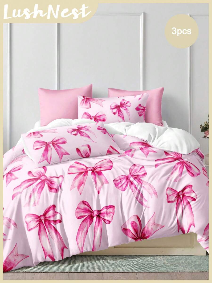 3 件水彩蝴蝶结印花羽绒被套套装（1 个羽绒被套 + 2 个枕套，无填充物），柔软亲肤涤纶面料，适用于卧室、宿舍、返校季