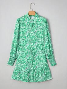 Acelitt 春秋绿色佩斯利印花长袖扣腰迷你连衣裙 - 綠色 - 查看 3