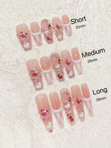 10 件超甜美女孩！超长法式美甲贴，白色蕾丝边，搭配大方糖水钻和粉色闪粉，可重复使用的手工指甲套，包含迷你指甲锉，适合作为送给朋友或派对的礼物，按压式指甲美甲用品 - 淺粉色 - 查看 2
