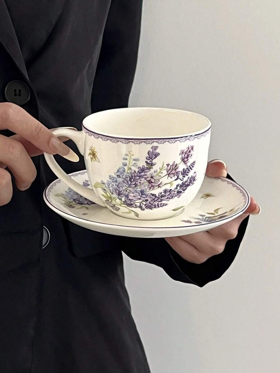1 Set Taza y platillo de cerámica con diseño romántico de campo lavanda, taza de té con delicadas flores moradas, taza con encaje estilo femenino, taza para leche, taza de café y platillo, serie de vajilla de princesa, té de tarde en el jardín, regalo de cumpleaños