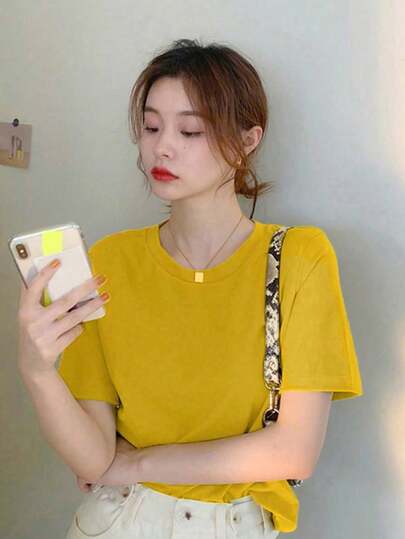 Women's Solid Color Round Neck Simple Casual T-Shirt, Short Sleeve