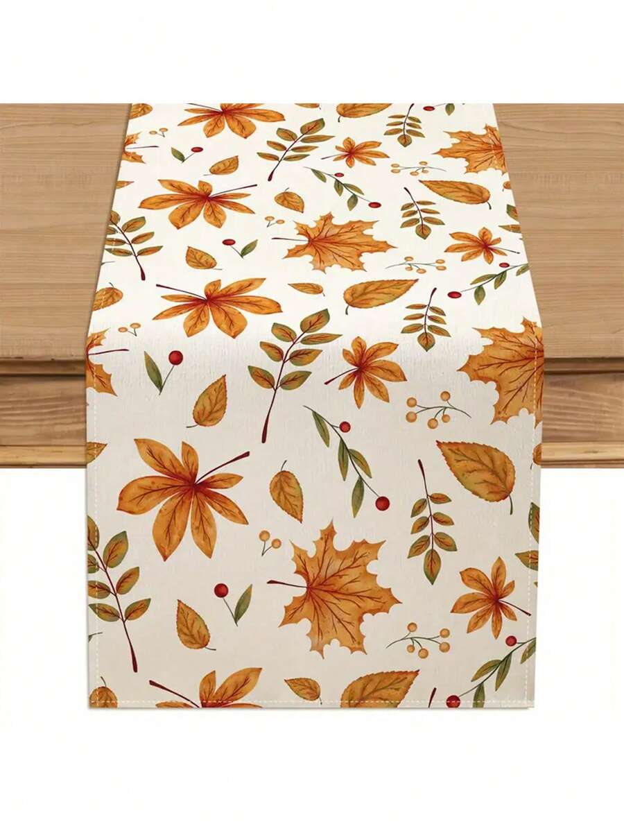 1 pezzo Tappeto da tavolo a foglia d'acero autunnale - Disegno autunnale vibrante arancione, marrone e beige con bacche e ghiande, decorazione rettangolare in poliestere per fattoria e raduni familiari, decorazione per la tavola del Ringraziamento