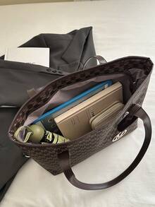 大容量多功能印花手提包，铆钉装饰，复古花卉印花，宽敞的单肩包，时尚日常手提包 - 咖啡棕 - 查看 7