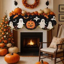 1 Black Orange Halloween Fireplace Scarf With Pumpkin Lantern, Bat And Spider Web Patterns, Made Of Polyester Fabric, Suitable For Halloween Decoration, Party Supplies, Table Flags Or Fireplace Covers, Perfect For Home Living Room Fireplace Door And Window Decoration