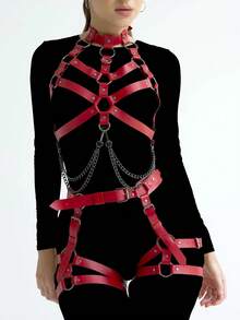 一套女士全身性感时尚腰带腰链束腰紧身胸衣吊袜带哥特风格，适合节日和派对 - 紅色 - 查看 7