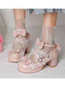 Women's Kawaii Shoes Cross Strap Pumps Cute Ankle Strap Mary Jane Shoes Wedding Lace Mid Chunky Heel Pumps - 粉色 - 查看 2