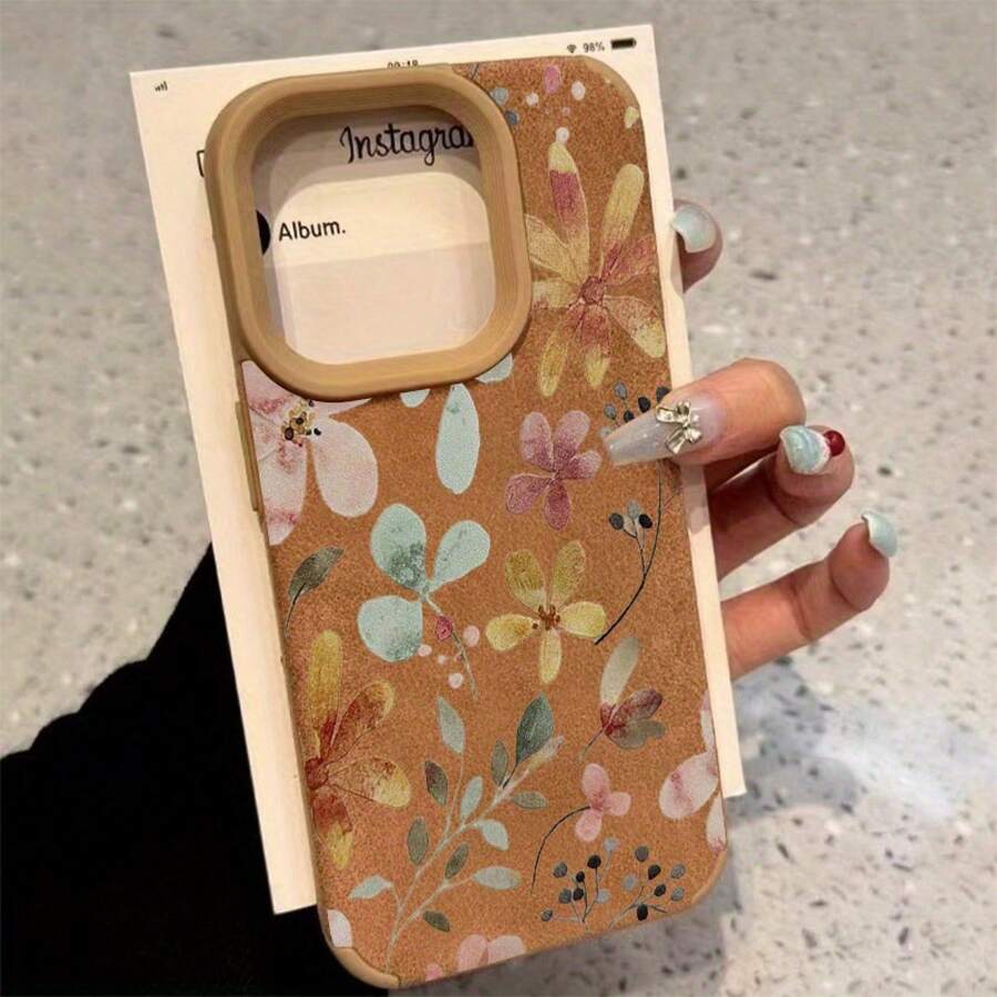 Diseño de flores pintadas Lente alta Teléfono X 14 Pro 16 15 Plus 11 12 13 XS Cuero sintético suave todo incluido - Colores mixtos 1 - Ver 1
