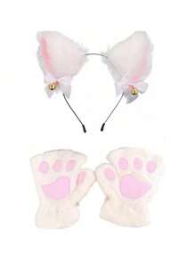 猫咪角色扮演服装 - 2/3/4 件猫耳和尾巴套装，带项圈爪子手套猫咪角色扮演服装配饰小猫耳朵项圈尾巴 R 爪子或女士女孩万圣节装扮