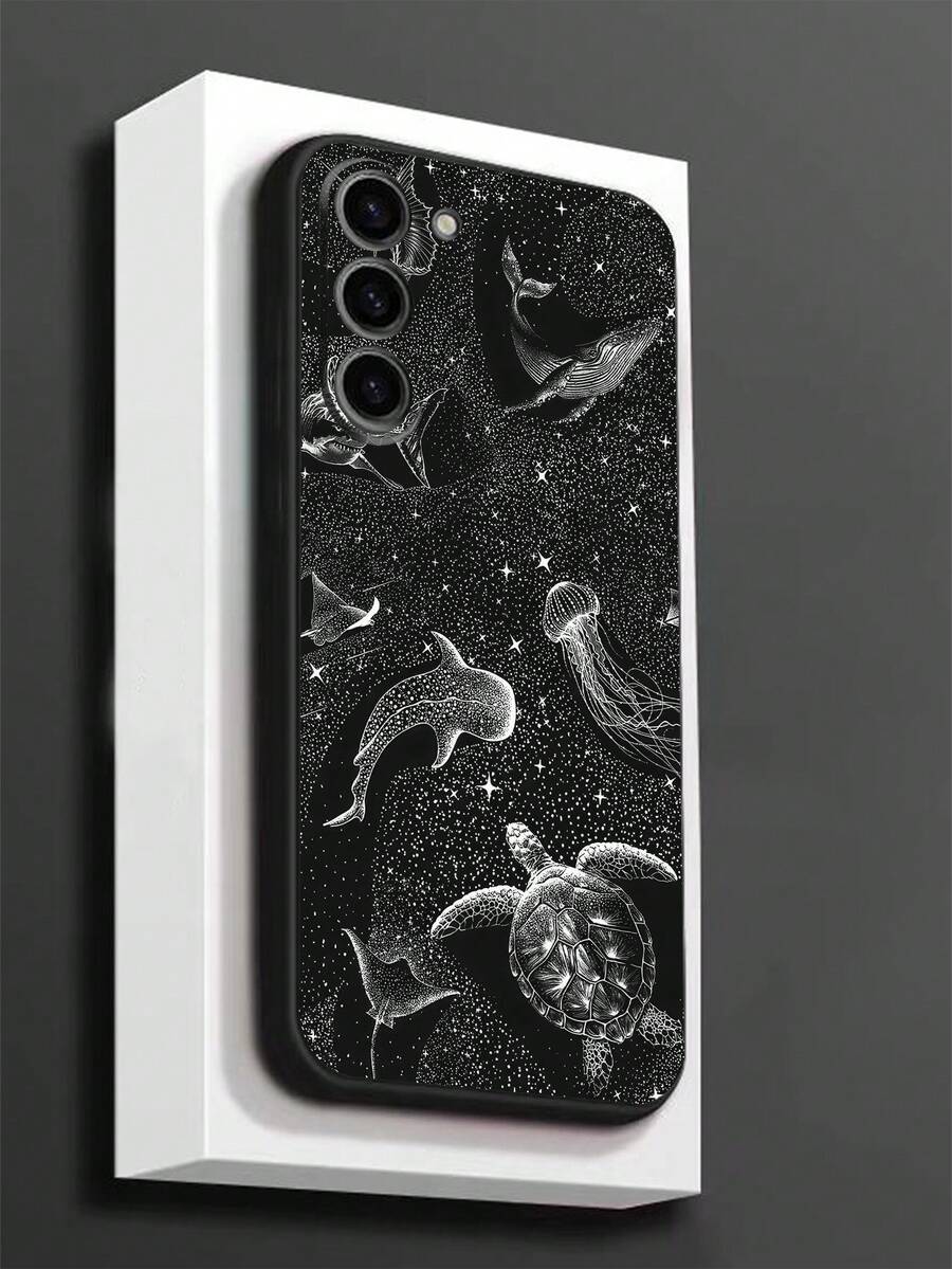 1 pieza Funda de teléfono negra con diseño de animales marinos y estrellas, antideslizante y a prueba de caídas, compatible con iPhone, Honor, Redmi, Galaxy A04e/A05s/A13/A14/A15/A34/A35/A50/A52/A53/A54/S21/S22/S23/S24/S25/S25Ultra, 6A/7A/8A, 12T/13T/14T, versión internacional, no la versión nacional - Negro - Ver 1